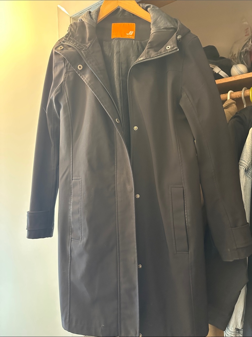 Joe Fresh Black Hooded Trench Coat with Snap & Zip Closure